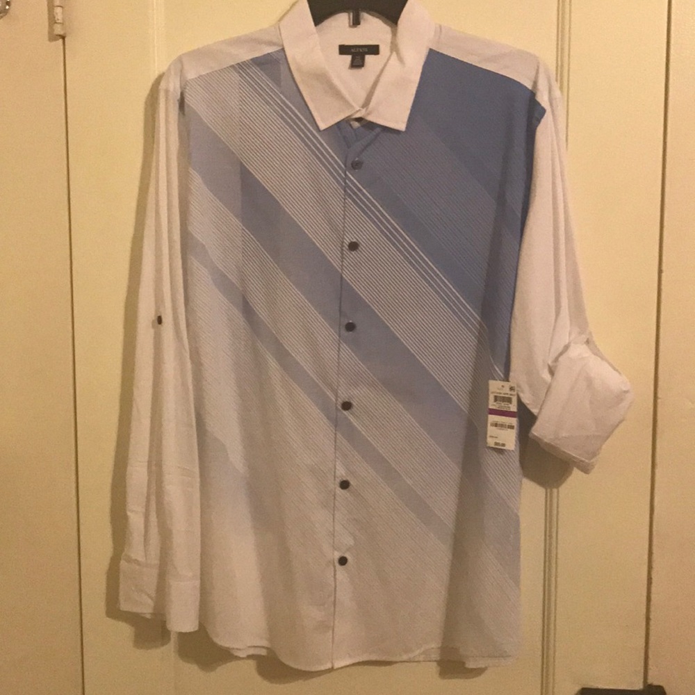 Men's casual blue white diagonal print shirt 2X